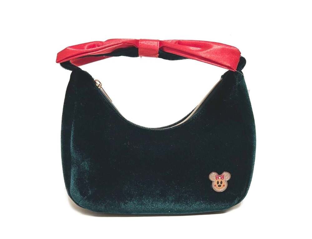 Disney Parks Gingerbread Minnie Mouse Holiday Velvet Bow Green Shoulder Bag - Picture 2 of 6